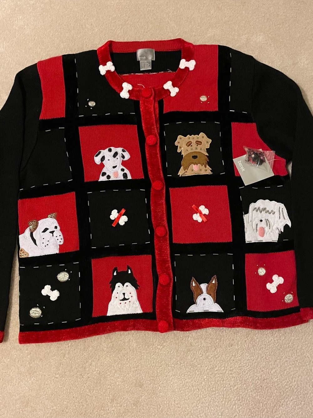 Berek Women's Vintage Black Red Dog Applique Cardigan Sweater-X-large NWT